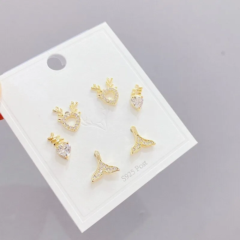 Sterling Silver Needle Korean Style Temperament Silver Ear Studs Simple Fishtail Earrings Three Pairs of Earrings for Women