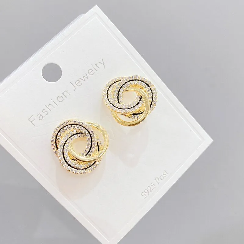 Sterling Silver Needle Korean Personalized Zircon Earrings Simple Openwork Circle Geometric Ear Studs Online Influencer Earrings
