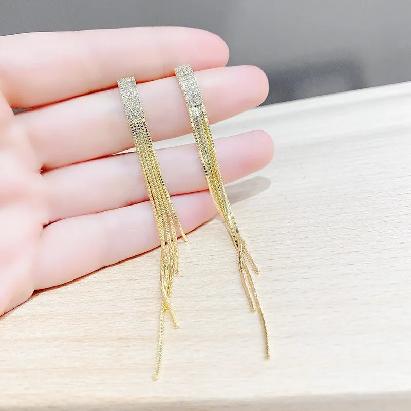 Sterling Silver Needle Micro Inlaid Zircon Tassel Earrings Women's Long Earrings Electroplated 14K Earrings