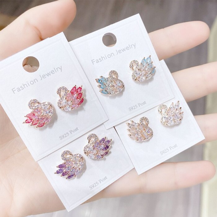 Fried Wool Duck S925 Silver Ear Studs Earrings Mori Girls Swan Zircon Earrings Small Jewelry