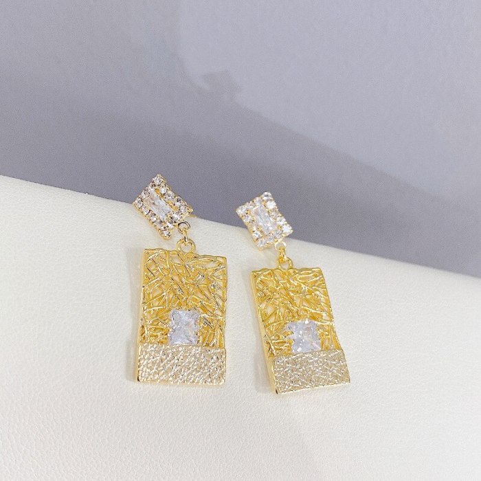 Sterling Silver Needle European and American Exaggerated Zircon Square Earrings Korean Long Elegant Personalized Earrings
