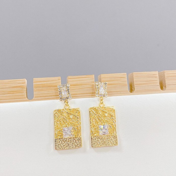 Sterling Silver Needle European and American Exaggerated Zircon Square Earrings Korean Long Elegant Personalized Earrings