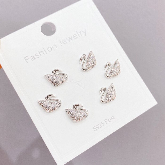 Three-Piece Zircon Korean Style Sterling Silver Needle Versatile Elegant Earrings Delicate Earrings