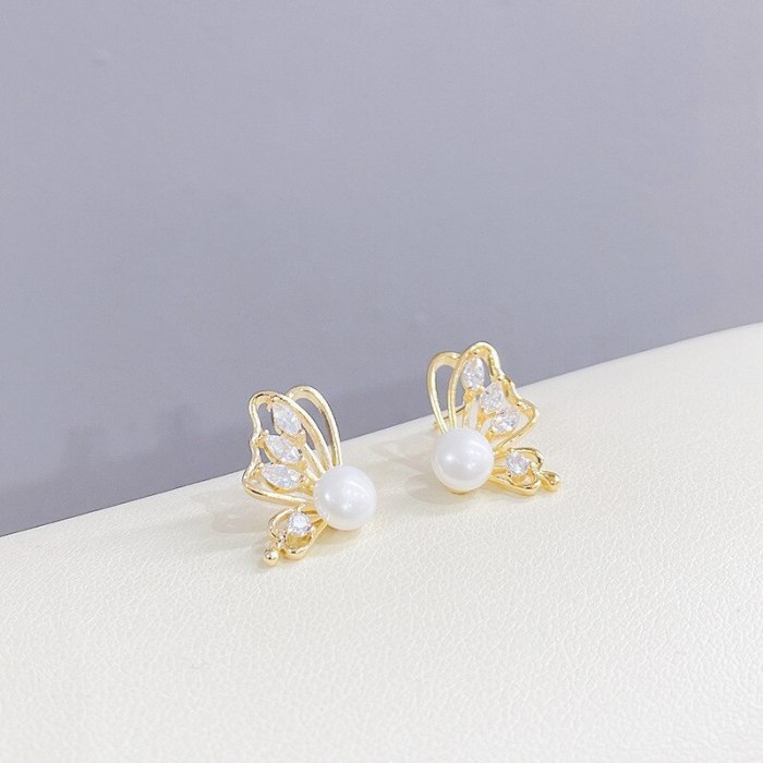 Sterling Silver Needle Korean Style Butterfly Fine Zircon-Embedded Earrings All Match Pearl Stud Earrings Earrings