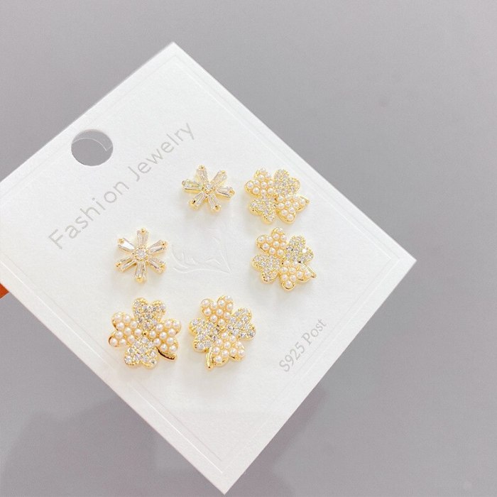 Sterling Silver Needle Micro Inlaid Zircon Female Stud Earrings Korean Style Simple One Card Three Pairs Set Earrings