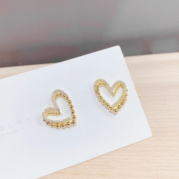 Korean-Style Heart-Shaped Earrings 925 Silver Needle Temperament Super Shiny Zircon Heart Love Heart Stud Earrings for Women