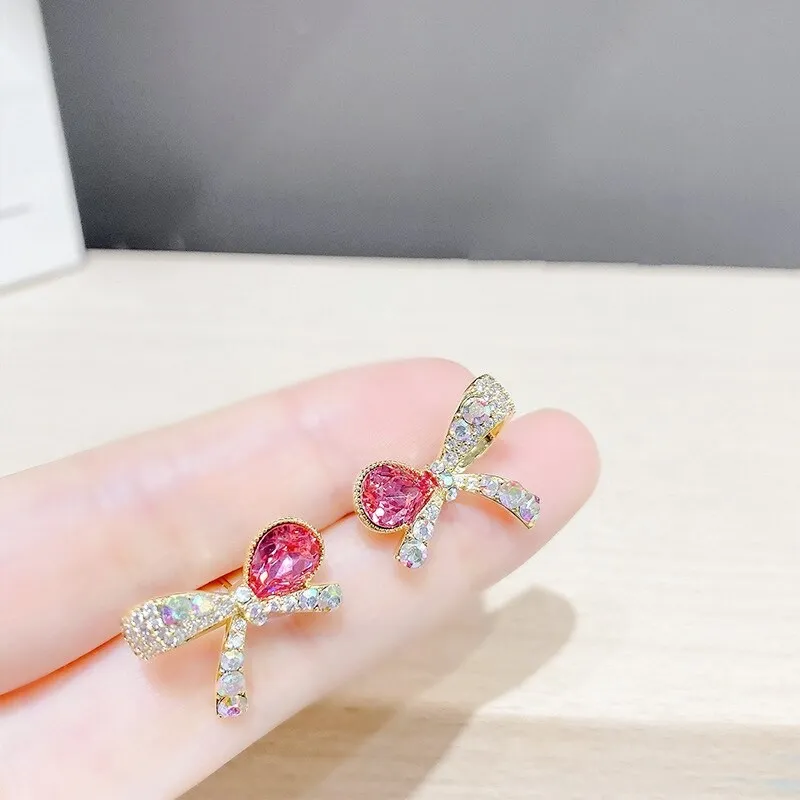 Sterling Silver Needle Micro Inlaid Zircon Bowknot Earrings for Women Graceful Online Influencer Korean Stud Earrings