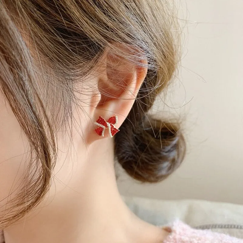 Korean Temperament Red Bow Stud Earrings Girl Sterling Silver Needle All-Match Earrings Small and Exquisite Earrings
