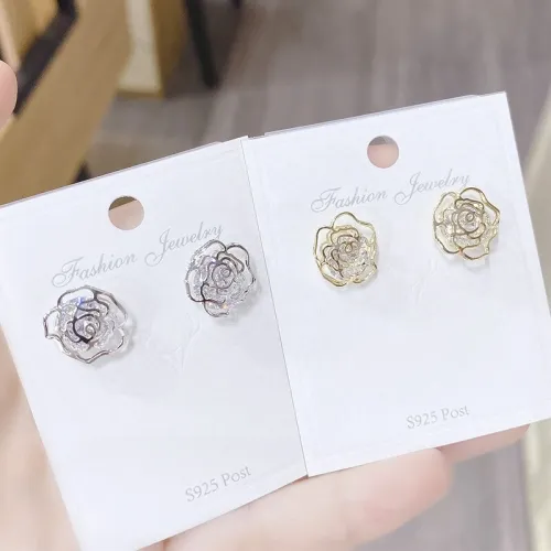 Sterling Silver Needle Flower Stud Earrings Simple Hollow Rose Flower Compact Temperamental Ear Rings Female Stud Earrings