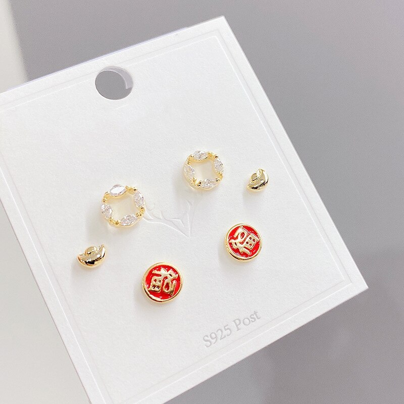 Korean Multi-Pair Set Earrings Sterling Silver Needle Elegant Earrings Three Pairs of Zircon Earrings Gold Plated