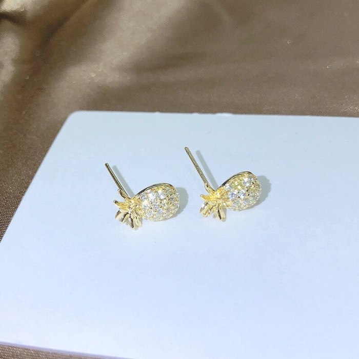 Zircon Finely Inlaid Stud Earrings Fruit Pineapple 925 Silver Pin Earrings Hypoallergenic