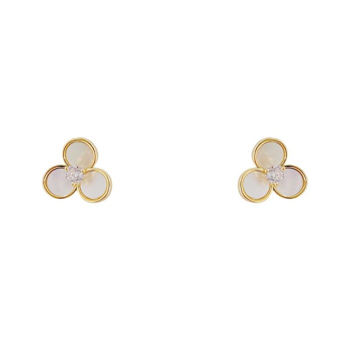 Korean Earrings Rhinestone Zircon Stud Earrings Shell Clover Trendy Design Personalized Earrings Female