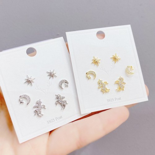 Korean Multi-Pair Set Earrings Sterling Silver Needle Elegant Earrings Unicorn Three Pairs Zircon Earrings Gold Plated