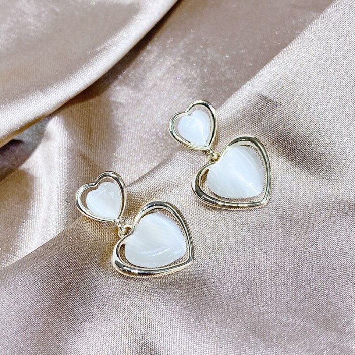 925 Silver Needle Opal Love Heart Stud Earrings Fresh Girly Earrings Small Ornament