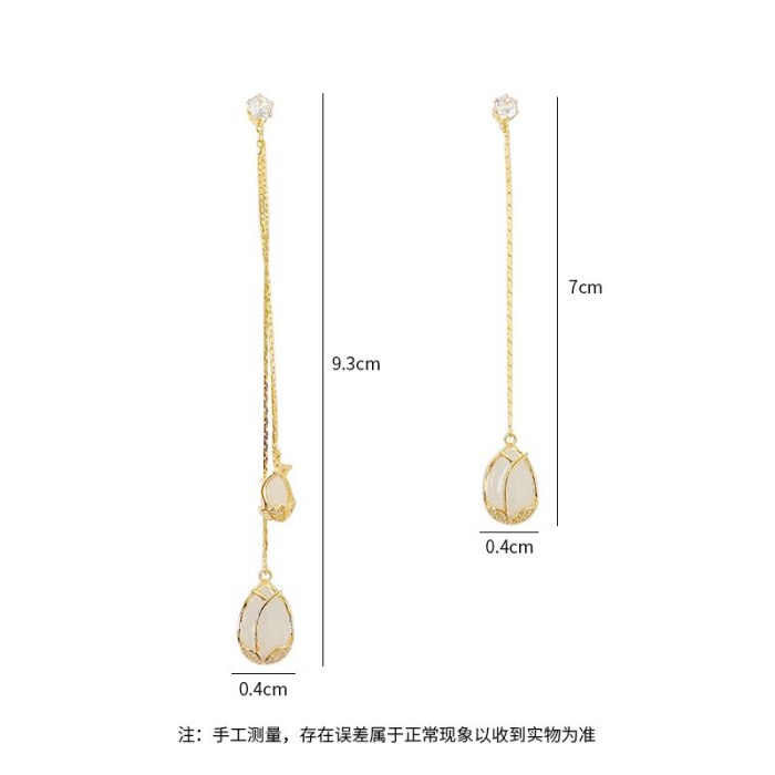 Sterling Silver Needle Tulip Tassel Long Ear Hook Earrings Temperament Korean Rhinestone Niche Earrings