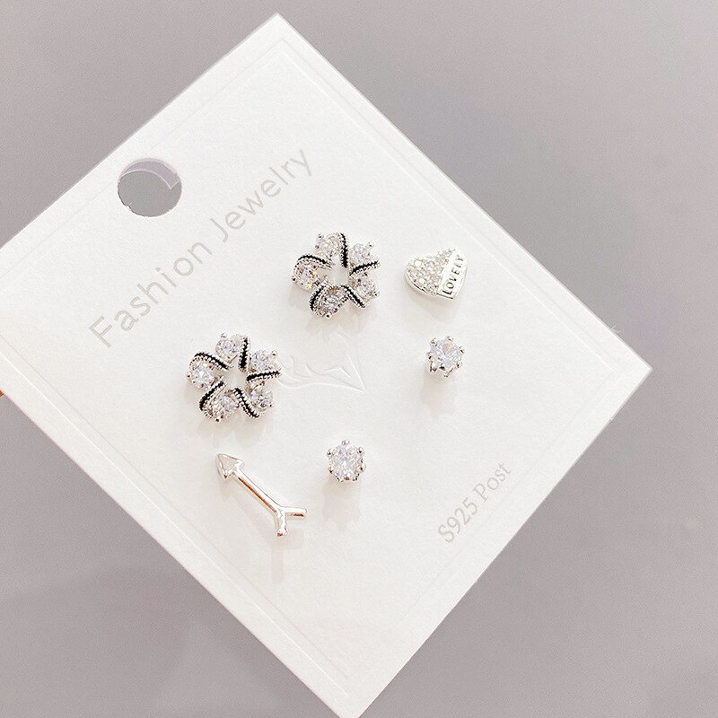 Micro Inlaid Zircon Petal Three-Piece Earrings Personality One Card Three Pairs Combination Sterling Silver Needle Earrings