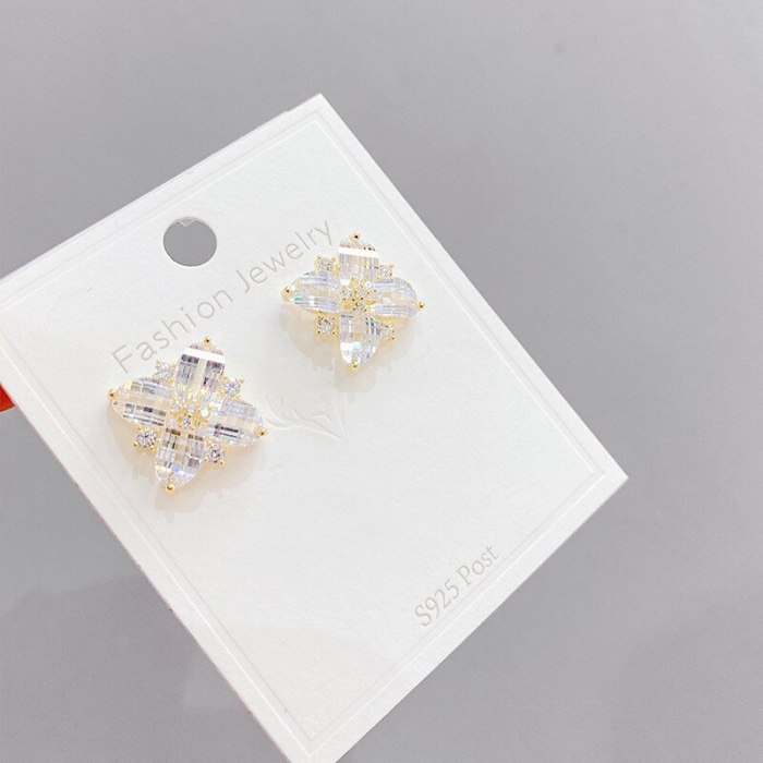 Korean Fashion Crystal Zircon Petal Earrings New Trendy Graceful Online Influencer Sterling Silver Needle Stud Earrings