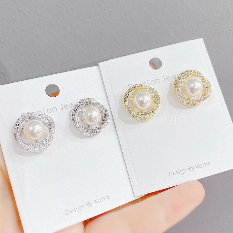 Korean Temperament Fine Zircon-Embedded Earrings Eardrops Sterling Silver Needle Simple Pearl Stud Earrings