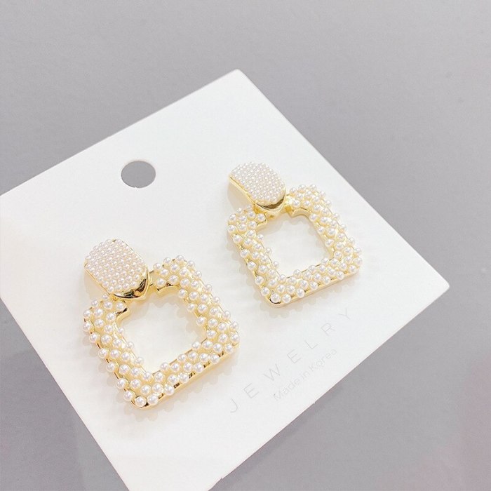 Korean Earrings Female Geometric Square S925 Silver Pearl Stud Earrings Refined Wild Earrings