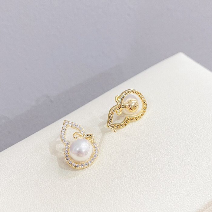 Korean Style Gourd Micro Zircon-Encrusted Stud Earrings Sterling Silver Needle Gold-Plated Pearl Earrings