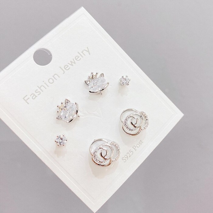 Sterling Silver Needle Micro Inlaid Zircon Petal Three-Piece Earrings Personality One Card Three Pairs Combination Earrings