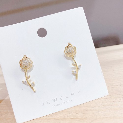 Korean Dignified Hollow Rose Earrings All-Match Sterling Silver Needle Eardrops Earrings Fashion Earrings for Women