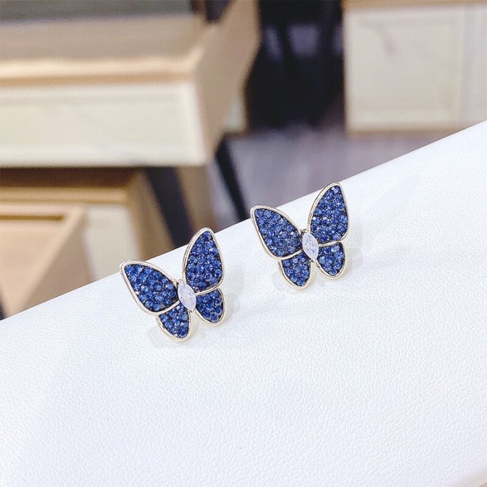 New Sterling Silver Needle Zircon Butterfly Studs Fashion All-Match Female Silver Pin Earrings Exaggerated Earrings