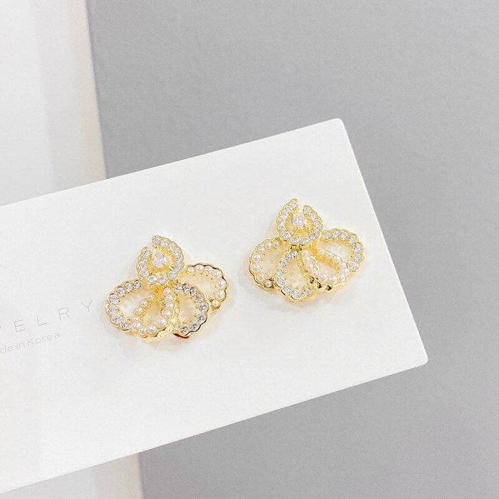 Geometric Full Diamond Ear Clip Fashion French Pearl Stud Earrings Women 'S Retro Sterling Silver Needle Temperament Earrings