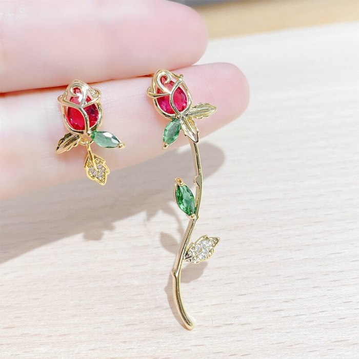 Korean Sterling Silver Needle Tulip Flower Elegant Graceful Zircon Earrings Finely Inlaid Stud Earrings