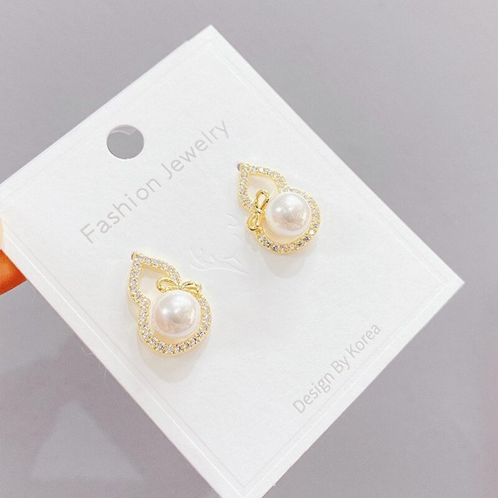 Korean Style Gourd Micro Zircon-Encrusted Stud Earrings Sterling Silver Needle Gold-Plated Pearl Earrings