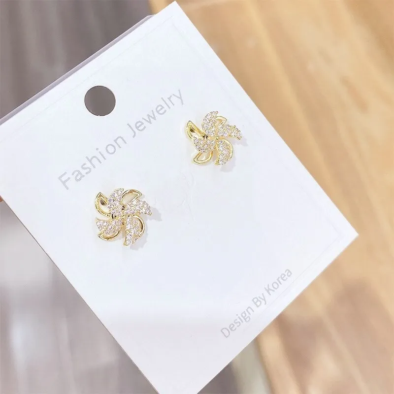 Sterling Silver Needle Temperament Rotating Love Windmill Earrings Electroplated 18K Gold Micro Zircon-Encrusted Stud Earrings