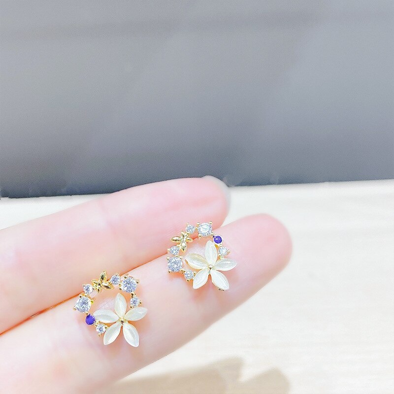 Cute Opal Flower Rhinestone-Embedded Stud Earrings Sterling Silver Needle Stud Earrings Female All-Matching Graceful Petals