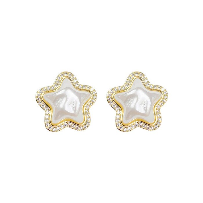 Sterling Silver Needle Korean Pentagram Earrings Women's Elegant Pearl Eardrops Earrings Personality Fashion