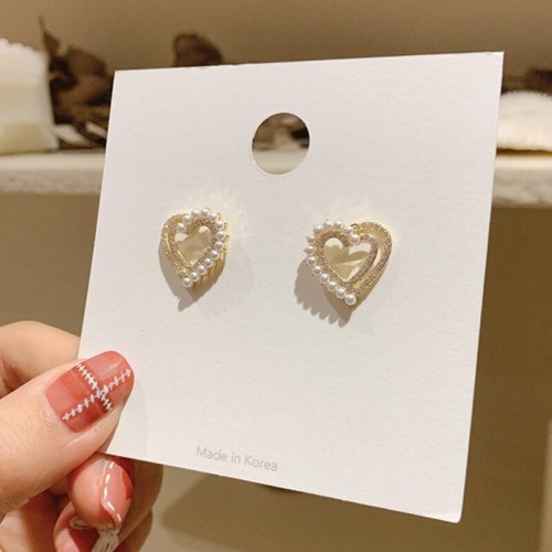 INS Love Stud Earrings Female S925 Silver Needle Pearl Full Diamond Peach Heart Earrings Jewelry