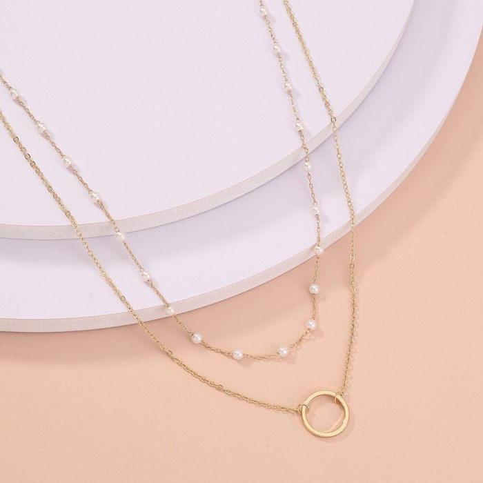 European and American Necklace Ornament Simple All-Match Multi-Layer Pearl Slim Chain round Pendant Multi-Layer Twin Necklace