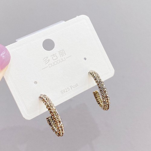 Sterling Silver Needle Retro Fashion Stud Earrings Women's C- Shaped Micro-Inlaid Full Diamond Earrings Gold-Plated Earrings