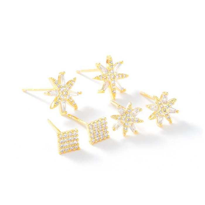 Sterling Silver Needle Micro Inlaid Zircon Eight Awn Star Three-Piece Earrings One Card Three Pairs Combination Earrings