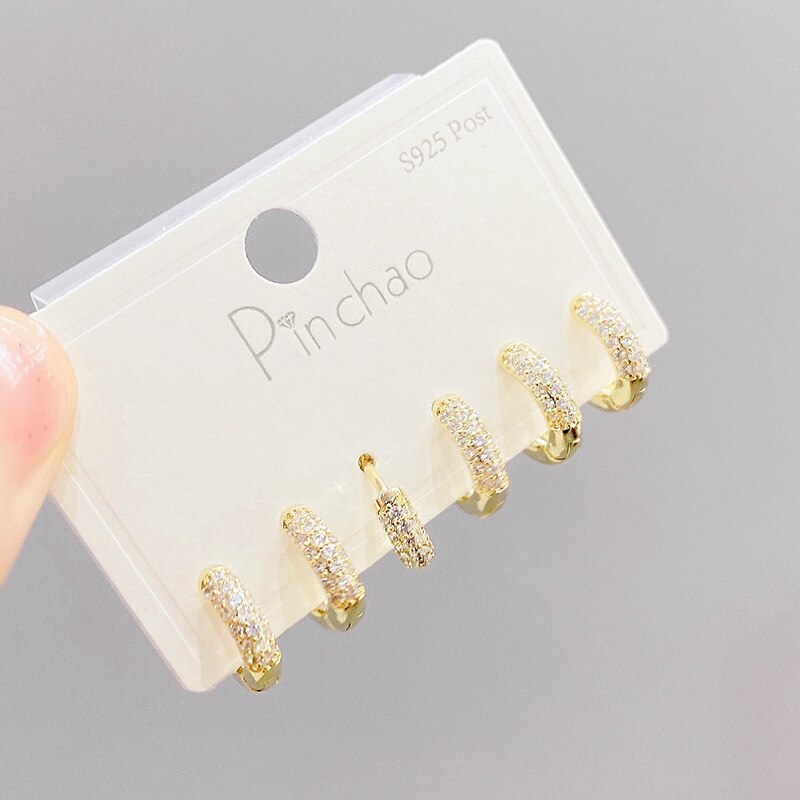 Micro Inlaid Zircon C- Shaped Geometric Three-Piece Earrings Personality One Card Three Pairs Combination Earrings