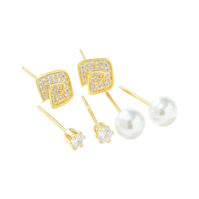 Sterling Silver Needle Micro Inlaid Zircon Pearl Three-Piece Earrings One Card Three Pairs Combination Earrings