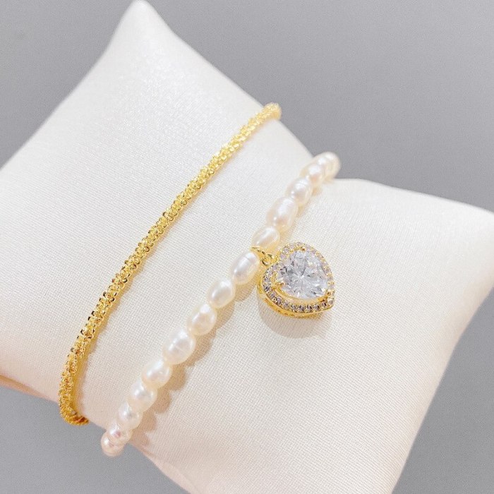 Peach Heart Zircon Freshwater Pearl Double-Layer Bracelet Women's Light Luxury Jewelry Baroque Pearl Jewelry Bracelet