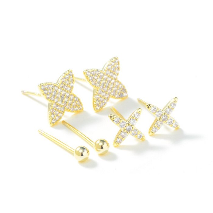 Sterling Silver Needle Three Pairs Storage Ear Studs Fine Zircon-Embedded Earrings Gold Plated Eight-Pointed Stars Earrings