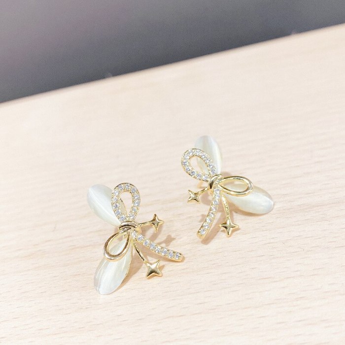 Korean Style Cymophanitel Micro Inlaid Zircon Bowknot Earrings Sterling Silver Needle Sweet Cute Earrings Women