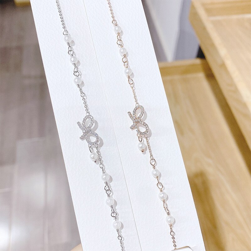 New Bracelet Women's Korean-Style Simple Double Layers Loving Heart Bow Bracelet Full Diamond Pearl Bracelet
