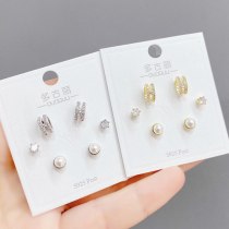 Sterling Silver Needle Micro Inlaid Zircon Letter Three-Piece Earrings One Card Three Pairs Combination Earrings