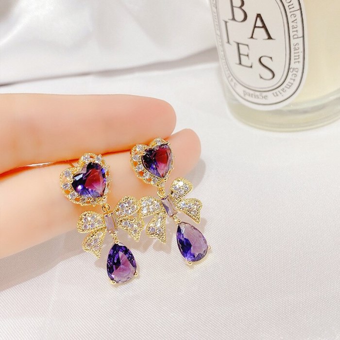Sterling Silver Needle Micro-Inlaid Full Diamond Bow Stud Earrings Noble Elegant Purple Zircon Earrings Peach Heart Earrings