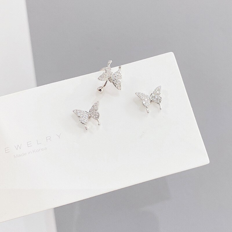 Korean Stud Earrings Ear Clip Butterfly Full-Jeweled Stud Earrings 925 Silver Needle All-Match Butterfly Ear Clip