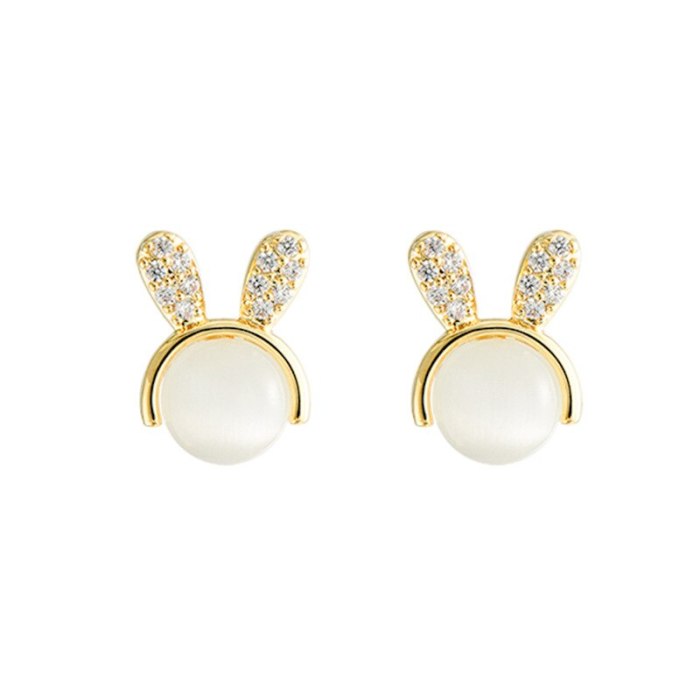 Cute Rabbit Opal Stone Ear Studs Women's Small and Simple Earrings Temperament Entry Lux Style Sterling Silver Needle Earrings