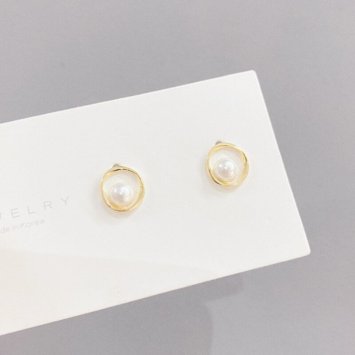Sterling Silver Needle Simple Style French Style Retro Stud Earrings Pearl and Circle Earrings Graceful Earrings