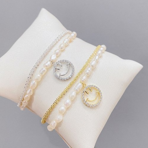 Fashion Multi-Layer Bracelet Women's Baroque Freshwater Pearl Bracelet Micro Inlaid Zircon Full Diamond Smiley Face Bracelet