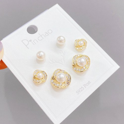 Micro Inlaid Zircon Pearl Three-Piece Earrings Personality One Card Three Pairs Combination Sterling Silver Needle Earrings